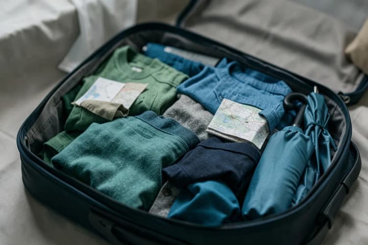Uma mala de viagem aberta com roupas organizadas e itens essenciais para uma viagem