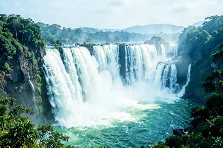 Vista panorâmica das Cataratas do Iguaçu com muita água caindo e vegetação exuberante ao redor