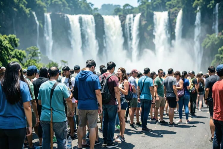 Pessoas em fila para comprar ingressos para as Cataratas do Iguaçu em dia ensolarado