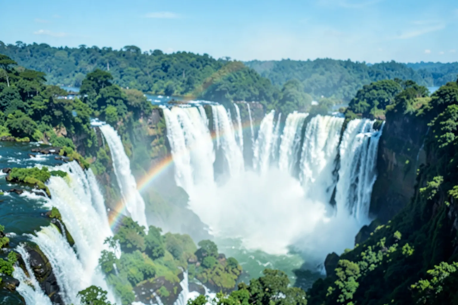 Cataratas do Iguaçu com arco-íris em dia de sol forte
